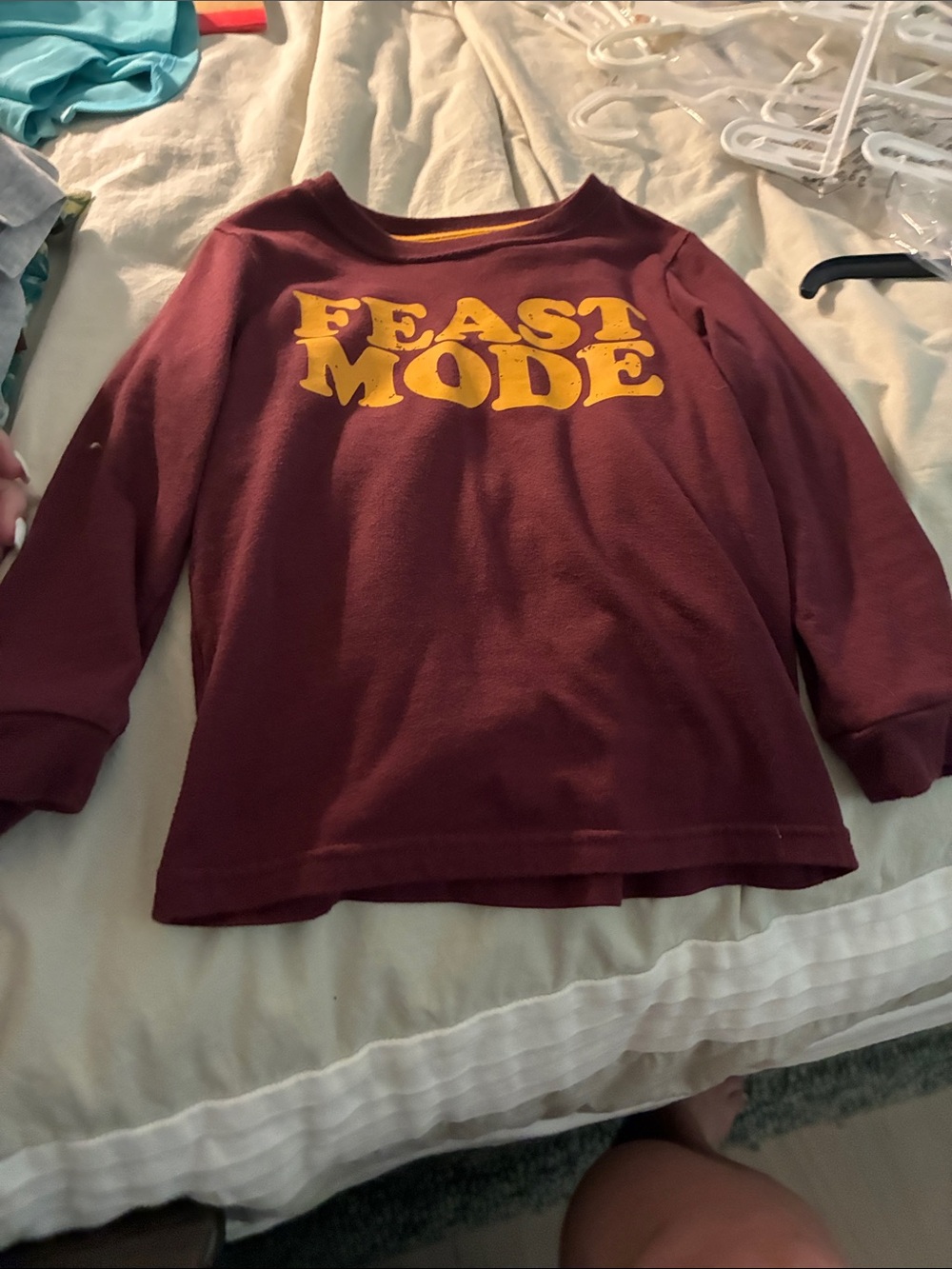 Kids Long Sleeve 'Feast Mode' Tee in Burgundy with Gold Print